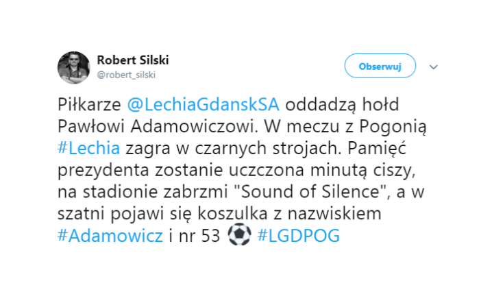 W taki sposób Lechia odda hołd Prezydentowi Adamowiczowi